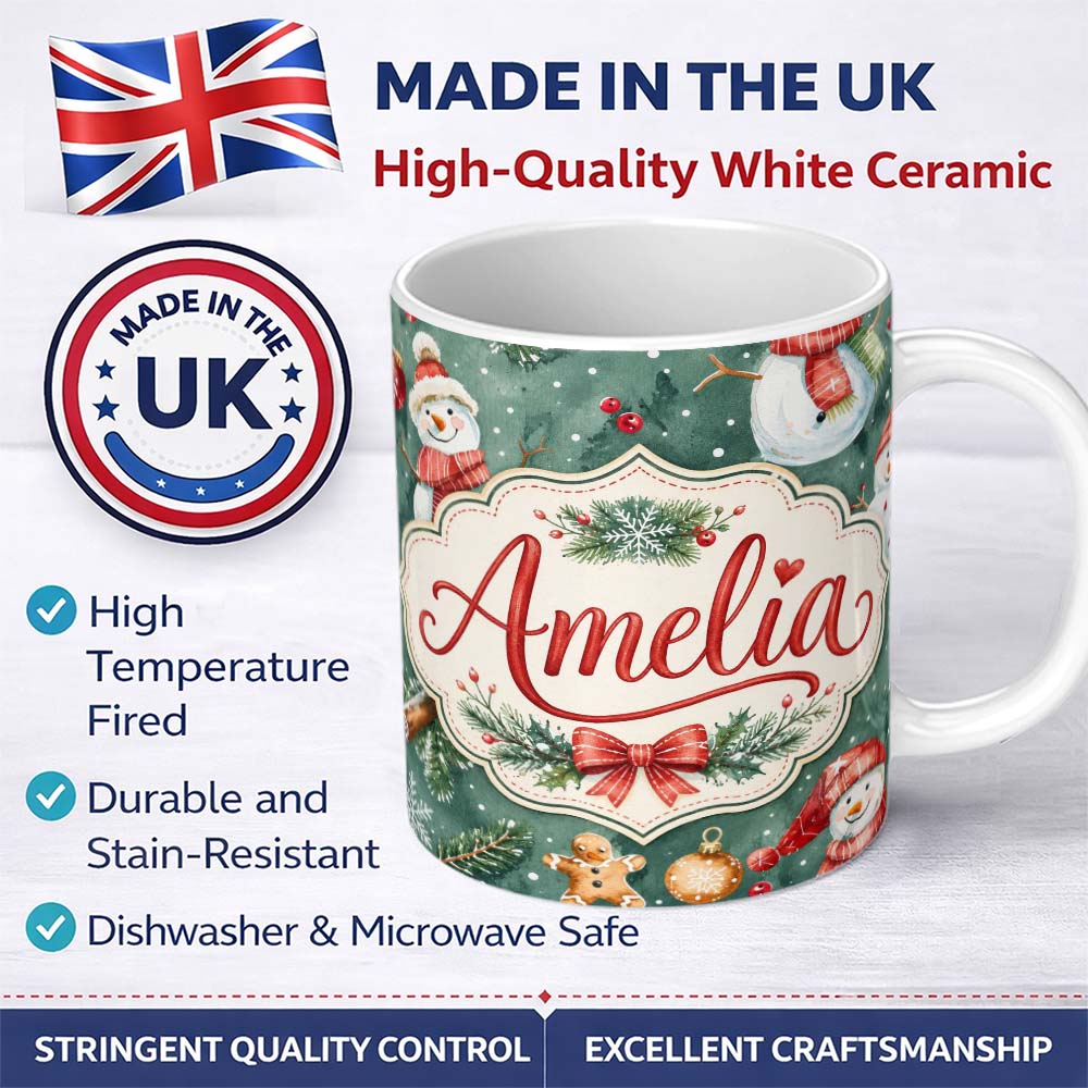 Personalized Custom Name Winter Snowman Gingerbread Cookie Holiday Green Seamless Pattern 11oz Ceramic Coffee Tea Mug White Large Handle