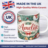 Personalized Custom Name Winter Snowman Gingerbread Cookie Holiday Green Seamless Pattern 11oz Ceramic Coffee Tea Mug White Large Handle