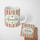 Personalized Custom Name Watercolor Vertical Red and Green Stripe Pattern Classic Lovely 11oz Ceramic Coffee Tea Mug White Large Handle