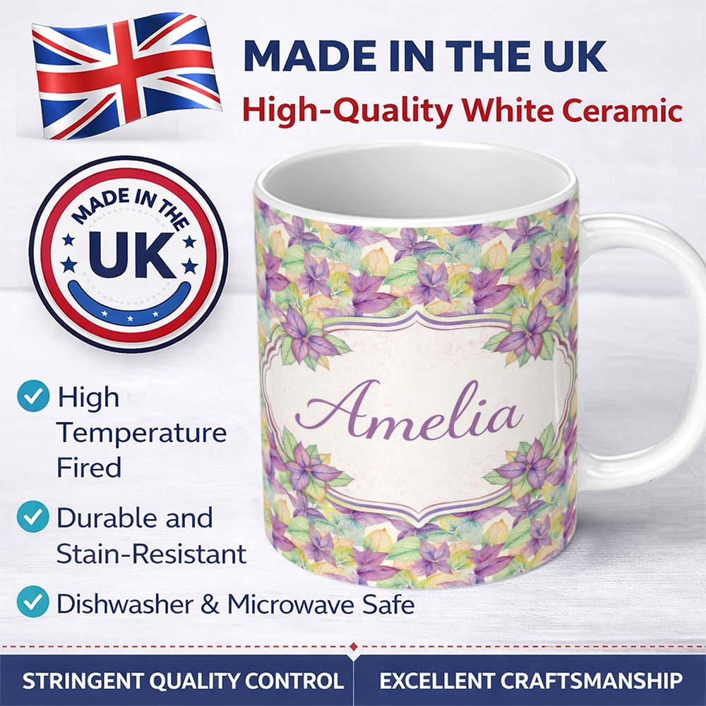 Personalized Custom Name Pastel Watercolor Leaves Soft Botanical Seamless Pattern Lovely 11oz Ceramic Coffee Tea Mug White Large Handle