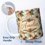 Personalized Custom Name Artistic Tropical Palm Tree Pattern with Rustic Orange and Teal 11oz Ceramic Coffee Tea Mug White Large Handle