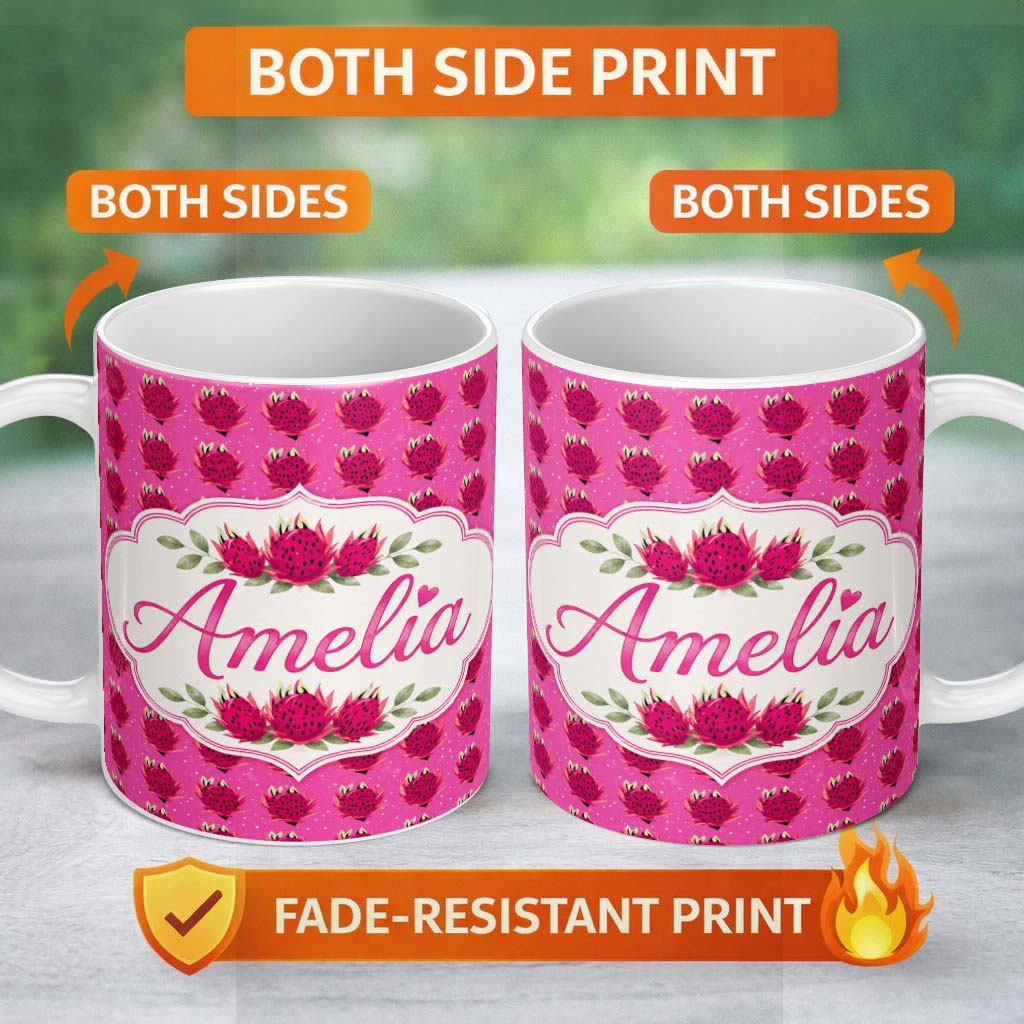 Personalized Custom Name Small Dragon Fruit Repeat Pattern on Pink Background Lovely 11oz Ceramic Coffee Tea Mug White Large Handle