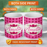Personalized Custom Name Small Dragon Fruit Repeat Pattern on Pink Background Lovely 11oz Ceramic Coffee Tea Mug White Large Handle