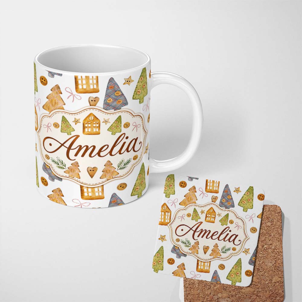 Personalized Custom Name Rustic Christmas Cookies Trees Houses Buttons Seamless Pattern 11oz Ceramic Coffee Tea Mug White Large Handle