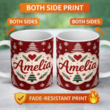 Personalized Custom Name Cute Red White Knitted Christmas Tree Snowflake Nordic Seamless 11oz Ceramic Coffee Tea Mug White Large Handle