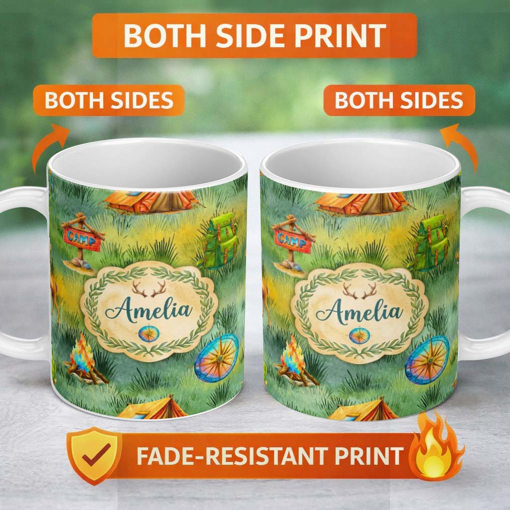 Personalized Custom Name Camping Adventure Gear Watercolor Seamless Pattern Cute Unique Gift 11oz Ceramic Coffee Tea Mug White Large Handle