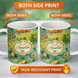 Personalized Custom Name Camping Adventure Gear Watercolor Seamless Pattern Cute Unique Gift 11oz Ceramic Coffee Tea Mug White Large Handle