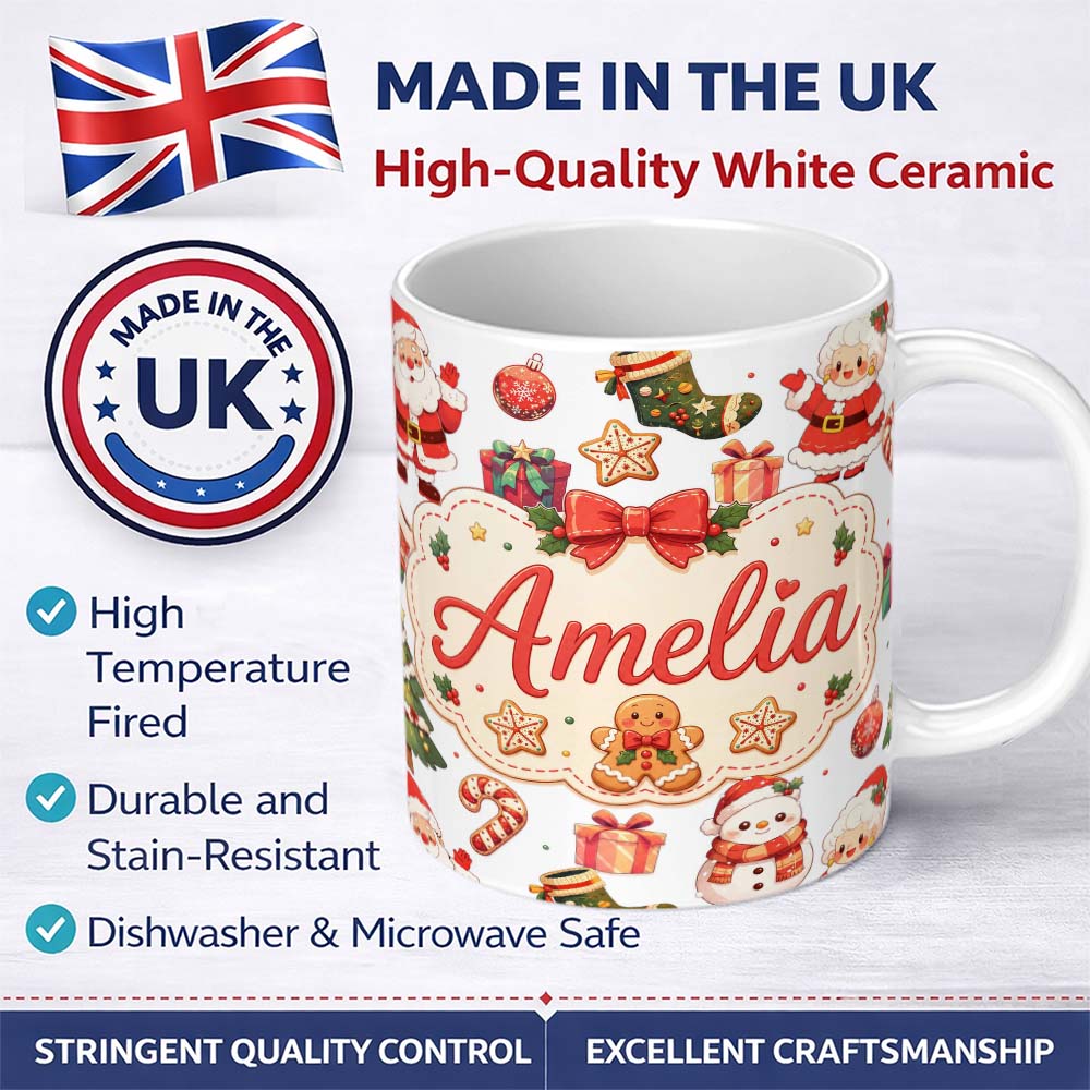 Personalized Custom Name Cute Santa Claus Mrs Claus Snowman Christmas Gift Candy Cane White 11oz Ceramic Coffee Tea Mug White Large Handle