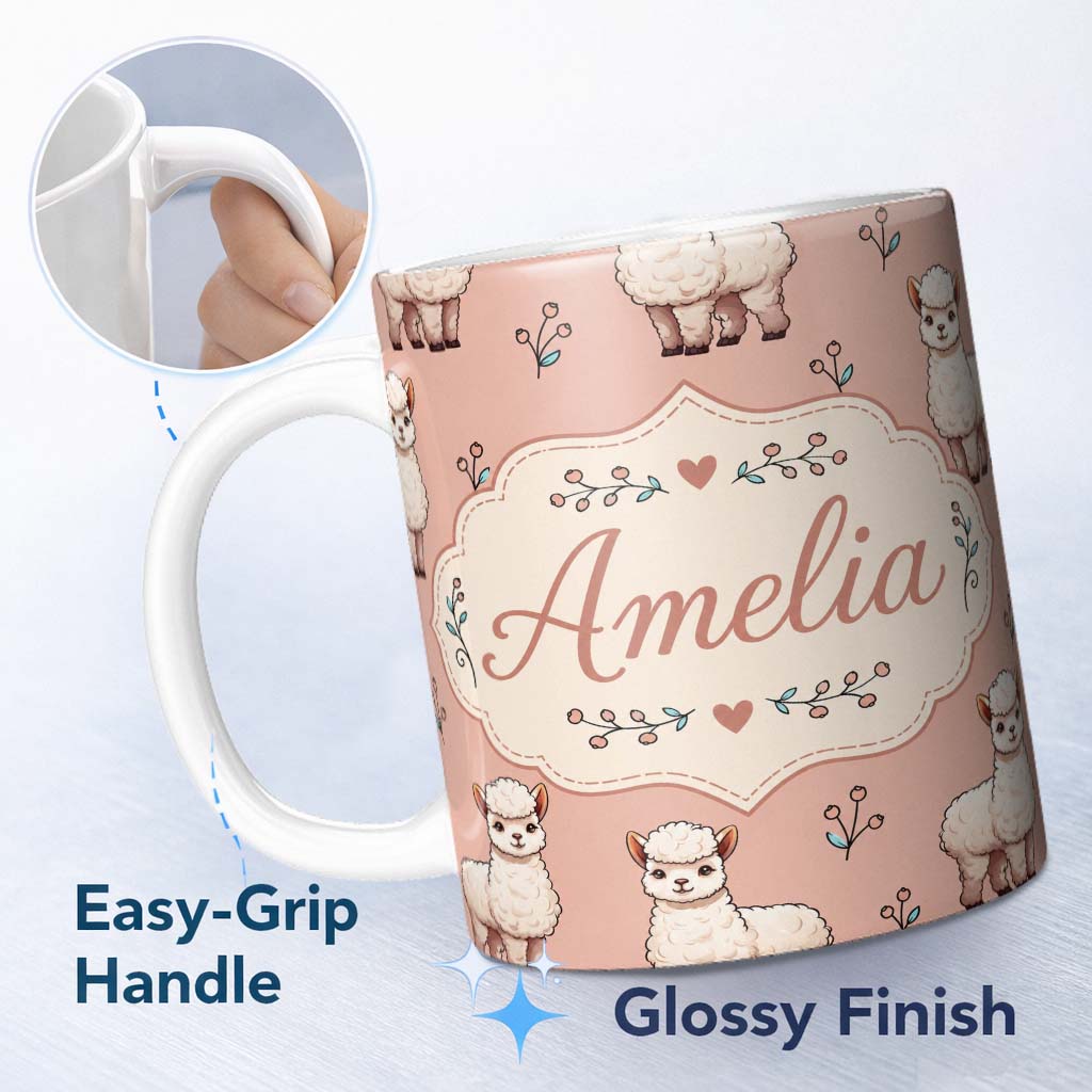 Personalized Custom Name Cute Alpaca Llama Pattern with Floral Sprigs on Peach Background 11oz Ceramic Coffee Tea Mug White Large Handle