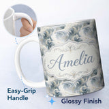 Personalized Custom Name Soft Blue Grey Feather Swirl Abstract Seamless Pattern Lovely 11oz Ceramic Coffee Tea Mug White Large Handle