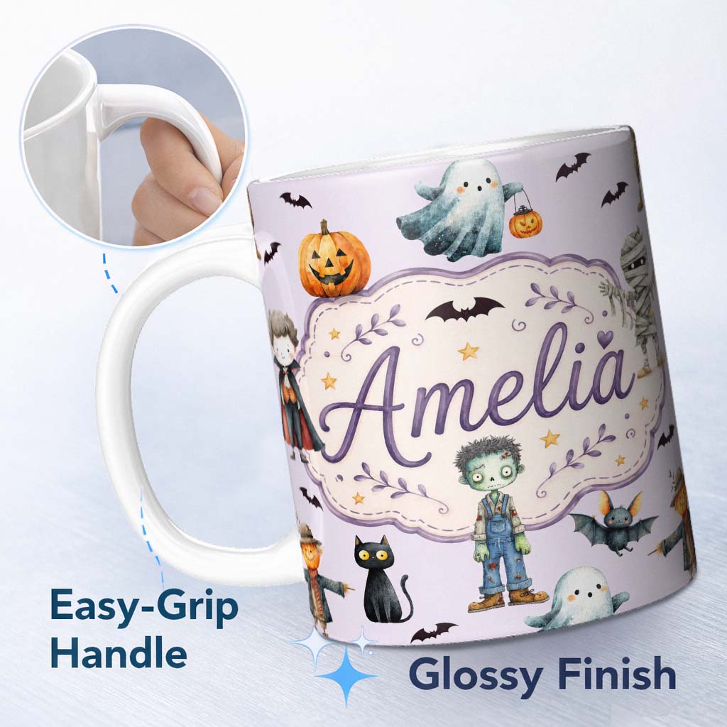Personalized Custom Name Halloween Zombie Mummy Vampire Bat Spooky Lilac Seamless Pattern 11oz Ceramic Coffee Tea Mug White Large Handle
