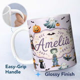 Personalized Custom Name Halloween Zombie Mummy Vampire Bat Spooky Lilac Seamless Pattern 11oz Ceramic Coffee Tea Mug White Large Handle