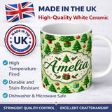 Personalized Custom Name Whimsical Christmas Trees Gifts Ornaments Festive Seamless Pattern 11oz Ceramic Coffee Tea Mug White Large Handle