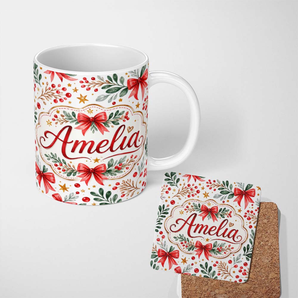Personalized Custom Name Elegant Christmas Bows Holly Leaves Berries Watercolor Seamless 11oz Ceramic Coffee Tea Mug White Large Handle