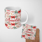Personalized Custom Name Elegant Christmas Bows Holly Leaves Berries Watercolor Seamless 11oz Ceramic Coffee Tea Mug White Large Handle