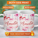 Personalized Custom Name Watercolor Red Pink Ribbon Bows Blue Stripe Background Cute Girly 11oz Ceramic Coffee Tea Mug White Large Handle