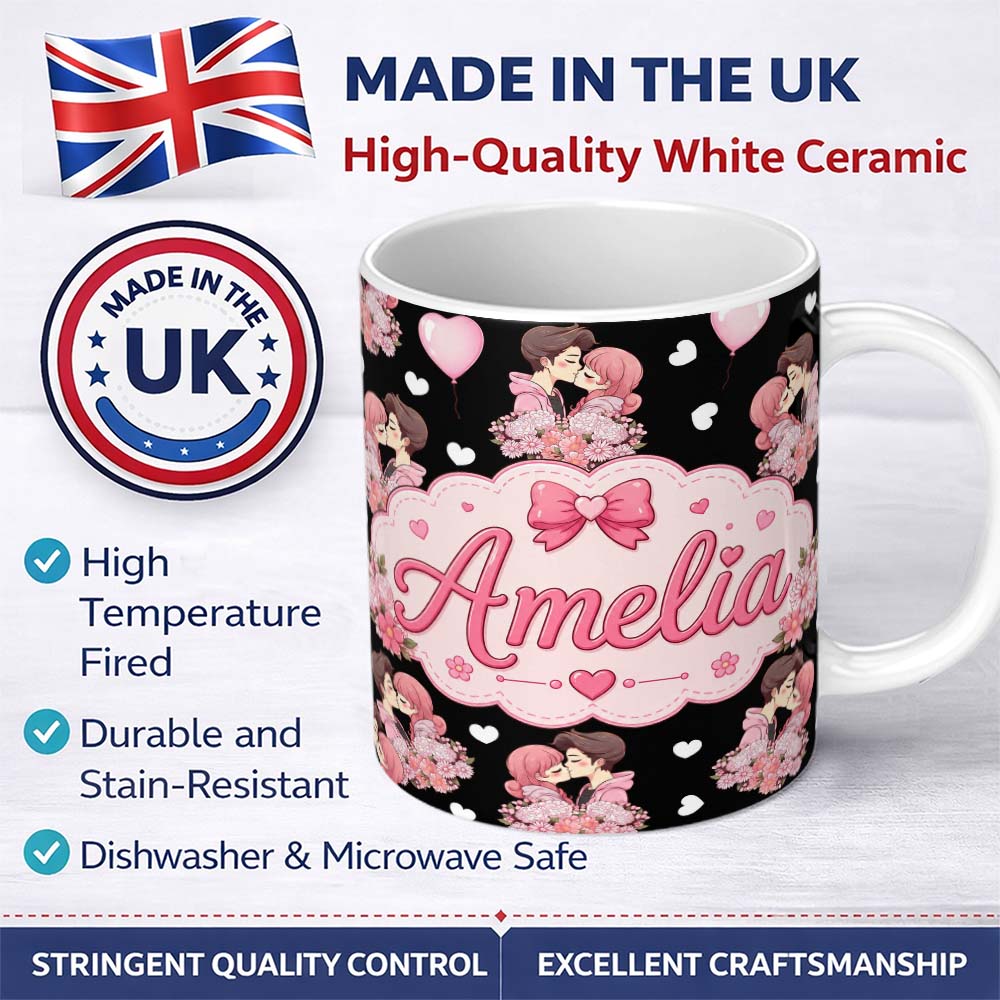 Personalized Custom Name Romantic Couple Kissing Floral Bouquet Hearts Seamless Pattern White 11oz Ceramic Coffee Tea Mug White Large Handle