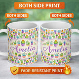 Personalized Custom Name Colorful Pastel Cactus Succulent Garden Bright Seamless Pattern 11oz Ceramic Coffee Tea Mug White Large Handle