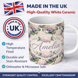 Personalized Custom Name Cream and Lavender Hydrangea Botanical Seamless Pattern Lovely 11oz Ceramic Coffee Tea Mug White Large Handle