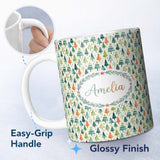 Personalized Custom Name Hand Drawn Christmas Tree Holiday Pattern Cream Background Seamless 11oz Ceramic Coffee Tea Mug White Large Handle