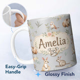 Personalized Custom Name Woodland Animals Koala Kangaroo Bear Floral Soft Grey Seamless 11oz Ceramic Coffee Tea Mug White Large Handle