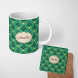 Personalized Custom Name Festive Christmas Trees with Yellow Stars on Green Background Lovely 11oz Ceramic Coffee Tea Mug White Large Handle