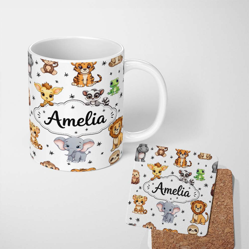 Personalized Custom Name Cute Jungle Baby Animals Lion Tiger Elephant Giraffe Pattern Grey 11oz Ceramic Coffee Tea Mug White Large Handle