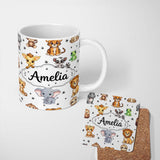 Personalized Custom Name Cute Jungle Baby Animals Lion Tiger Elephant Giraffe Pattern Grey 11oz Ceramic Coffee Tea Mug White Large Handle