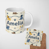 Personalized Custom Name Cute Dogs and Cats with Paw Prints Playful Pet Seamless Pattern 11oz Ceramic Coffee Tea Mug White Large Handle
