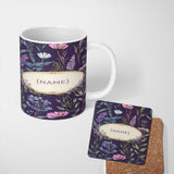 Personalized Custom Name Elegant Tropical Floral Leaves Blue Background Seamless Pattern 11oz Ceramic Coffee Tea Mug White Large Handle