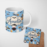 Personalized Custom Name Cute Halloween Vampire Ghost Bats Spooky Blue Background Seamless 11oz Ceramic Coffee Tea Mug White Large Handle