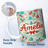 Personalized Custom Name Festive Christmas Trees Ornaments Strawberries Candy Cane Holiday 11oz Ceramic Coffee Tea Mug White Large Handle