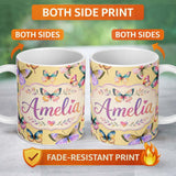 Personalized Custom Name Colorful Watercolor Butterflies on Soft Yellow Background Seamless 11oz Ceramic Coffee Tea Mug White Large Handle