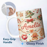 Personalized Custom Name Cute Gingerbread Man Christmas Tree Candy Cane Holiday Beige Lovely 11oz Ceramic Coffee Tea Mug White Large Handle
