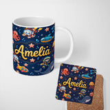 Personalized Custom Name Underwater with Scuba Divers Starfish and Whale on Navy Blue Lovely 11oz Ceramic Coffee Tea Mug White Large Handle