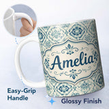 Personalized Custom Name Classic Floral Tile Pattern Blue Cream Traditional Seamless Pattern 11oz Ceramic Coffee Tea Mug White Large Handle