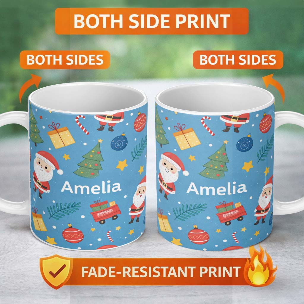 Personalized Custom Name Cute Santa Gifts Christmas Tree Blue Festive Seamless Pattern Lovely 11oz Ceramic Coffee Tea Mug White Large Handle