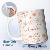Personalized Custom Name Blush Floral Botanical Moon Pattern Seamless Elegant Watercolour 11oz Ceramic Coffee Tea Mug White Large Handle