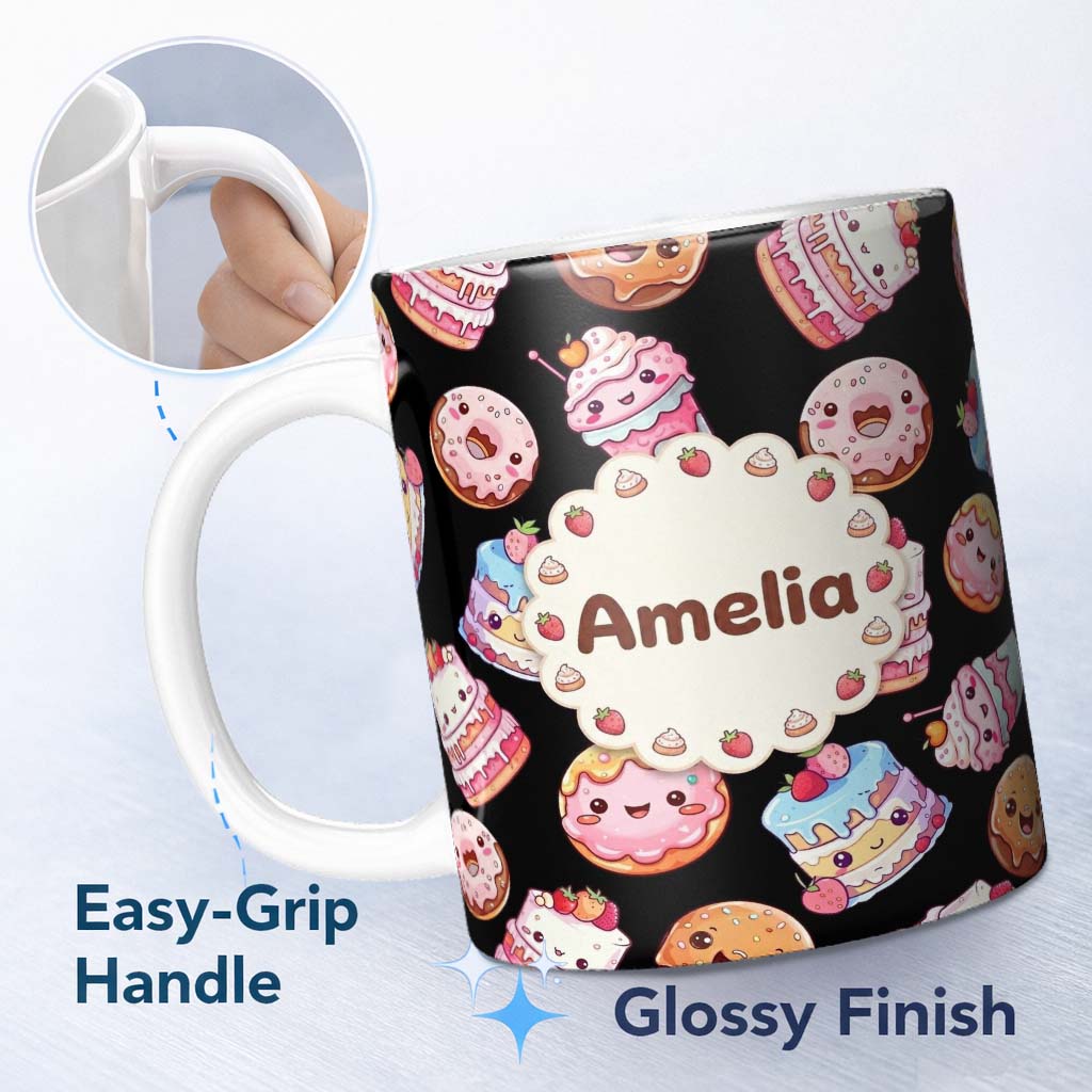 Personalized Custom Name Cute Kawaii Donuts Cakes and Cupcakes with Smiling Faces Seamless 11oz Ceramic Coffee Tea Mug White Large Handle