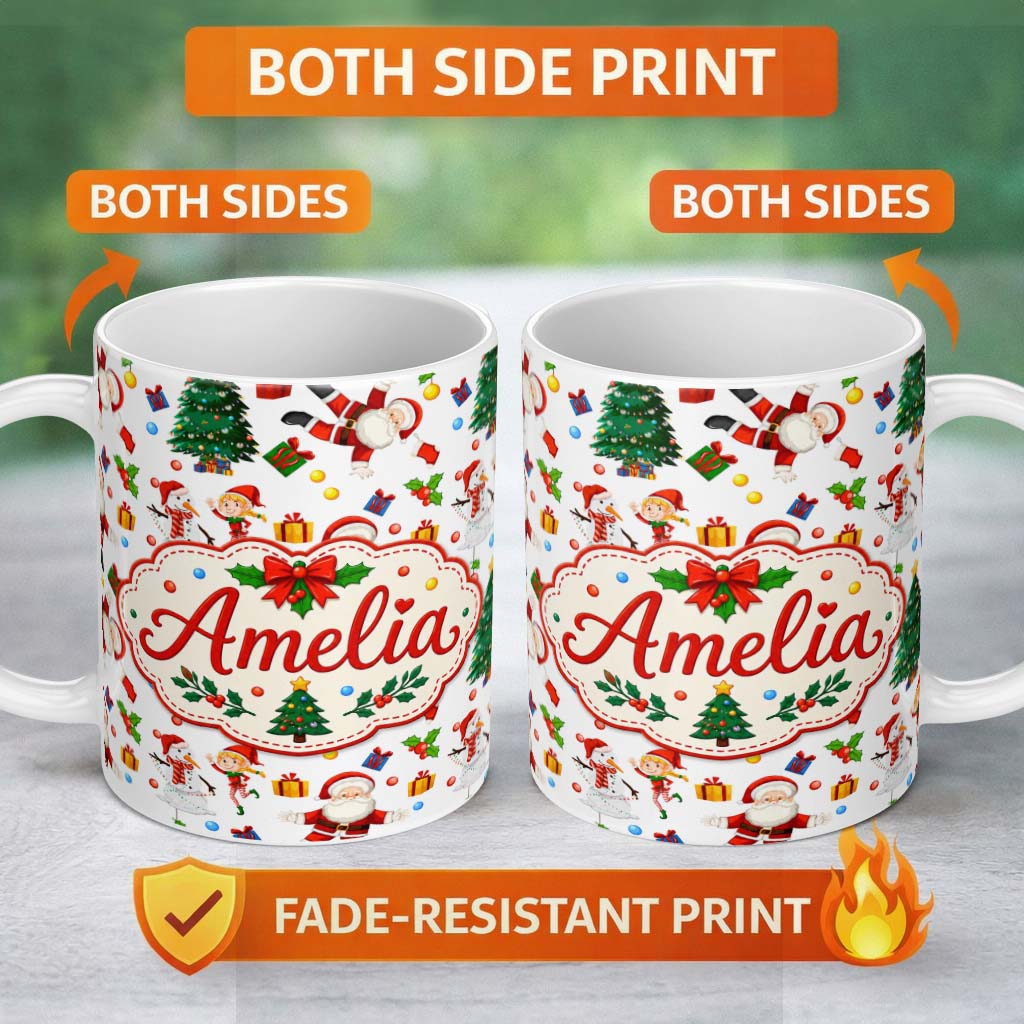 Personalized Custom Name Cute Santa Snowman Elf Christmas Tree Seamless Pattern Lovely 11oz Ceramic Coffee Tea Mug White Large Handle