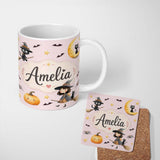 Personalized Custom Name Halloween Witch Cat Moon Stars Spooky Night Pink Seamless Pattern 11oz Ceramic Coffee Tea Mug White Large Handle