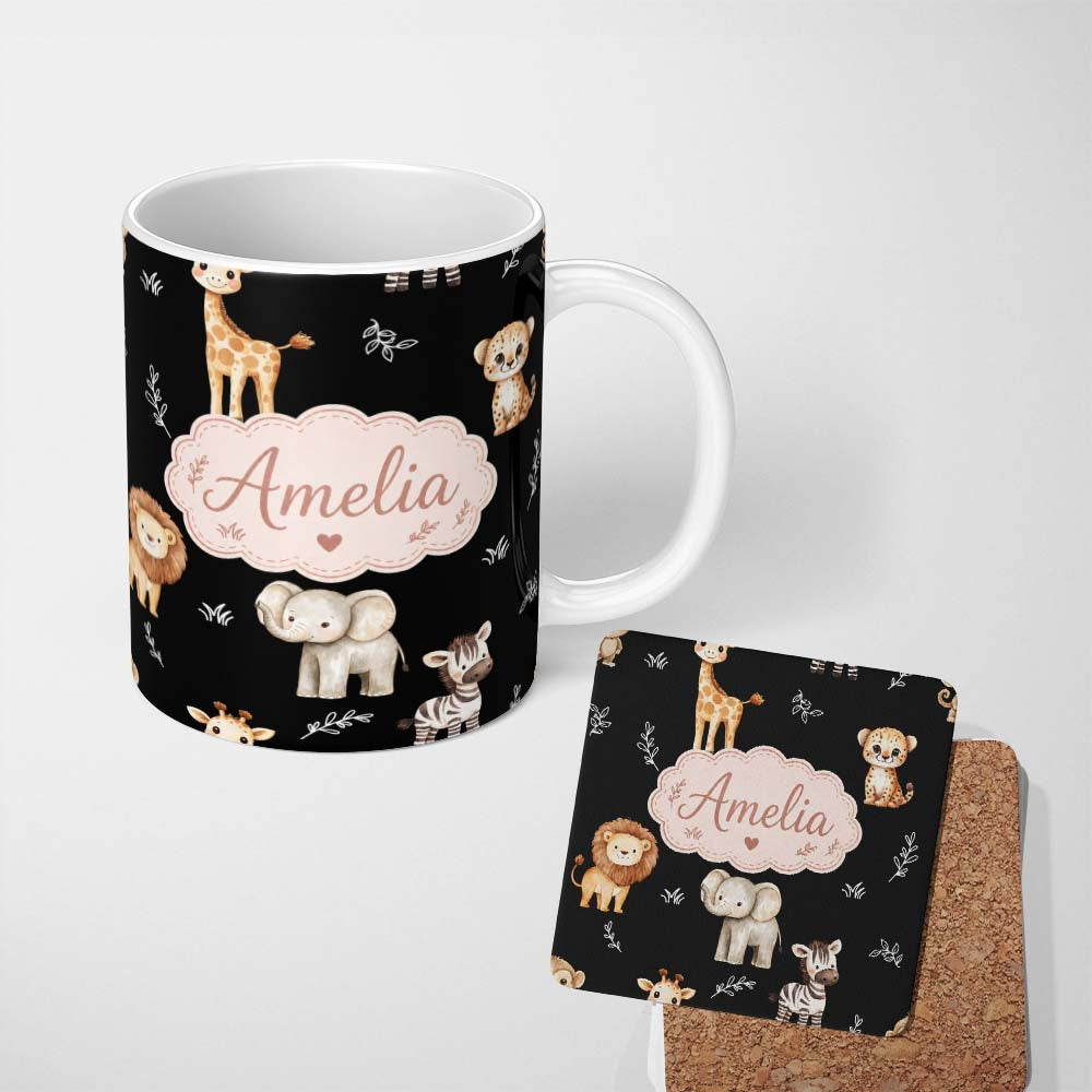 Personalized Custom Name Safari Animals with Elephant Lion and Leopard Cub on Light Grey 11oz Ceramic Coffee Tea Mug White Large Handle