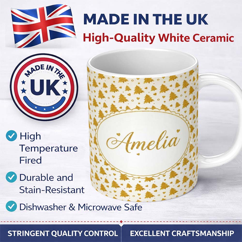 Personalized Custom Name Gold Christmas Tree Heart Seamless Pattern Design Minimal Festive 11oz Ceramic Coffee Tea Mug White Large Handle