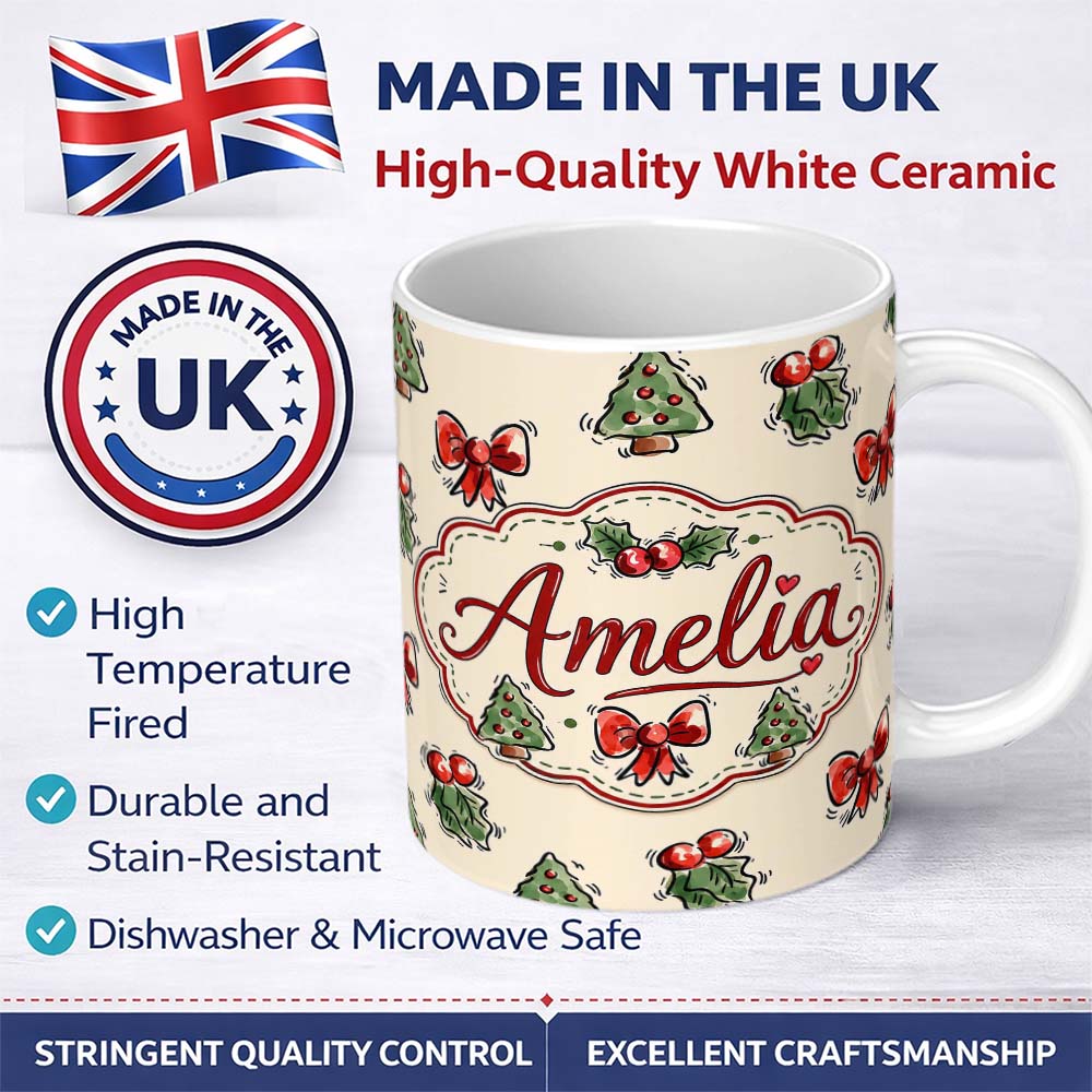 Personalized Custom Name Cute Christmas Bows Holly Berries Tree Doodle Seamless Pattern 11oz Ceramic Coffee Tea Mug White Large Handle