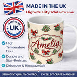 Personalized Custom Name Cute Christmas Bows Holly Berries Tree Doodle Seamless Pattern 11oz Ceramic Coffee Tea Mug White Large Handle