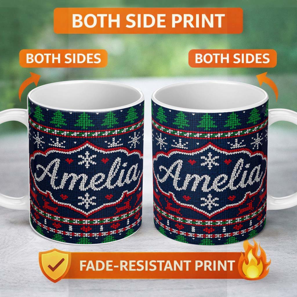 Personalized Custom Name Blue Red Christmas Reindeer Snowflake Knit Seamless Pattern Lovely 11oz Ceramic Coffee Tea Mug White Large Handle