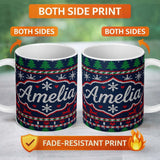 Personalized Custom Name Blue Red Christmas Reindeer Snowflake Knit Seamless Pattern Lovely 11oz Ceramic Coffee Tea Mug White Large Handle