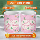 Personalized Custom Name Cute Christmas Trees Gingerbread Candy Pink Seamless Pattern Lovely 11oz Ceramic Coffee Tea Mug White Large Handle