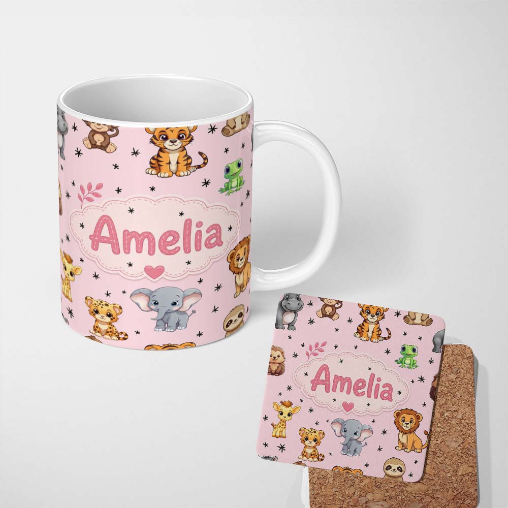 Personalized Custom Name Cute Jungle Baby Animals Tiger Elephant Giraffe Pattern Pink 11oz Ceramic Coffee Tea Mug White Large Handle