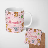 Personalized Custom Name Cute Jungle Baby Animals Tiger Elephant Giraffe Pattern Pink 11oz Ceramic Coffee Tea Mug White Large Handle